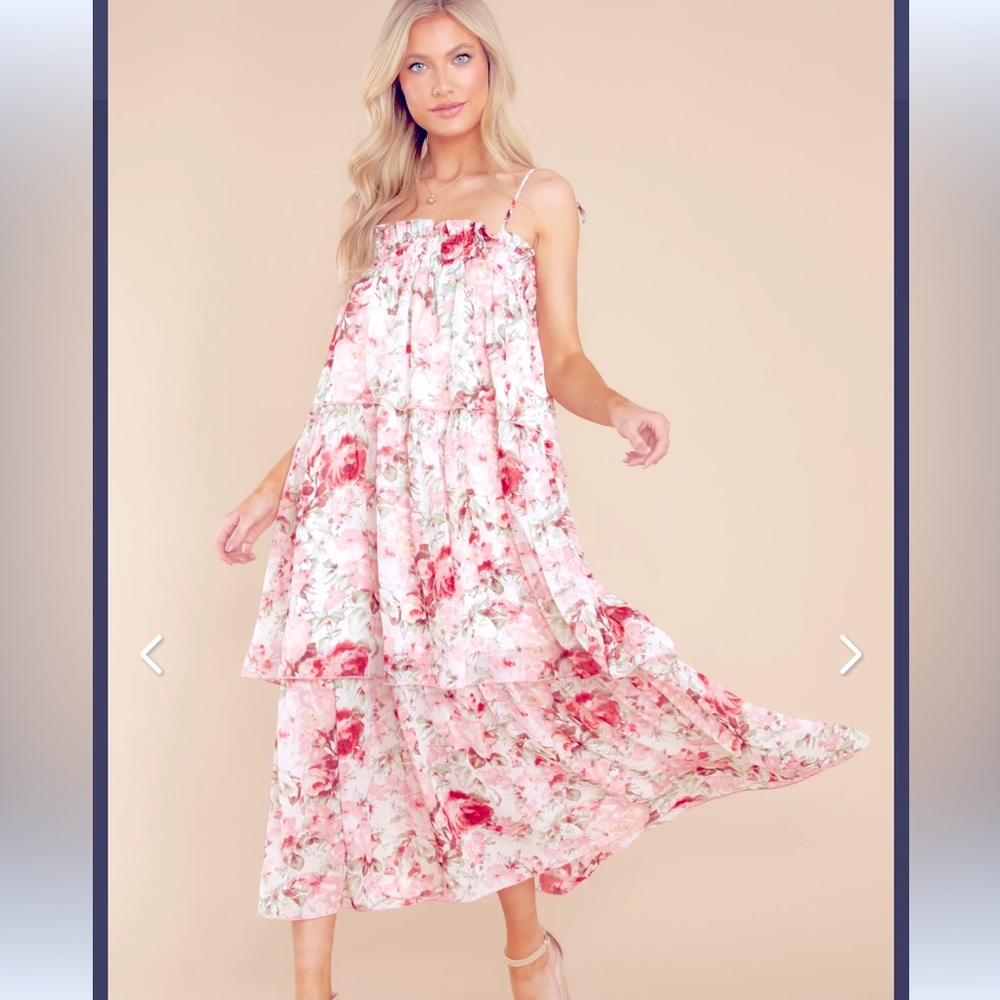 Red dress Flourishing Frenzy Pink Floral Print Midi Dress